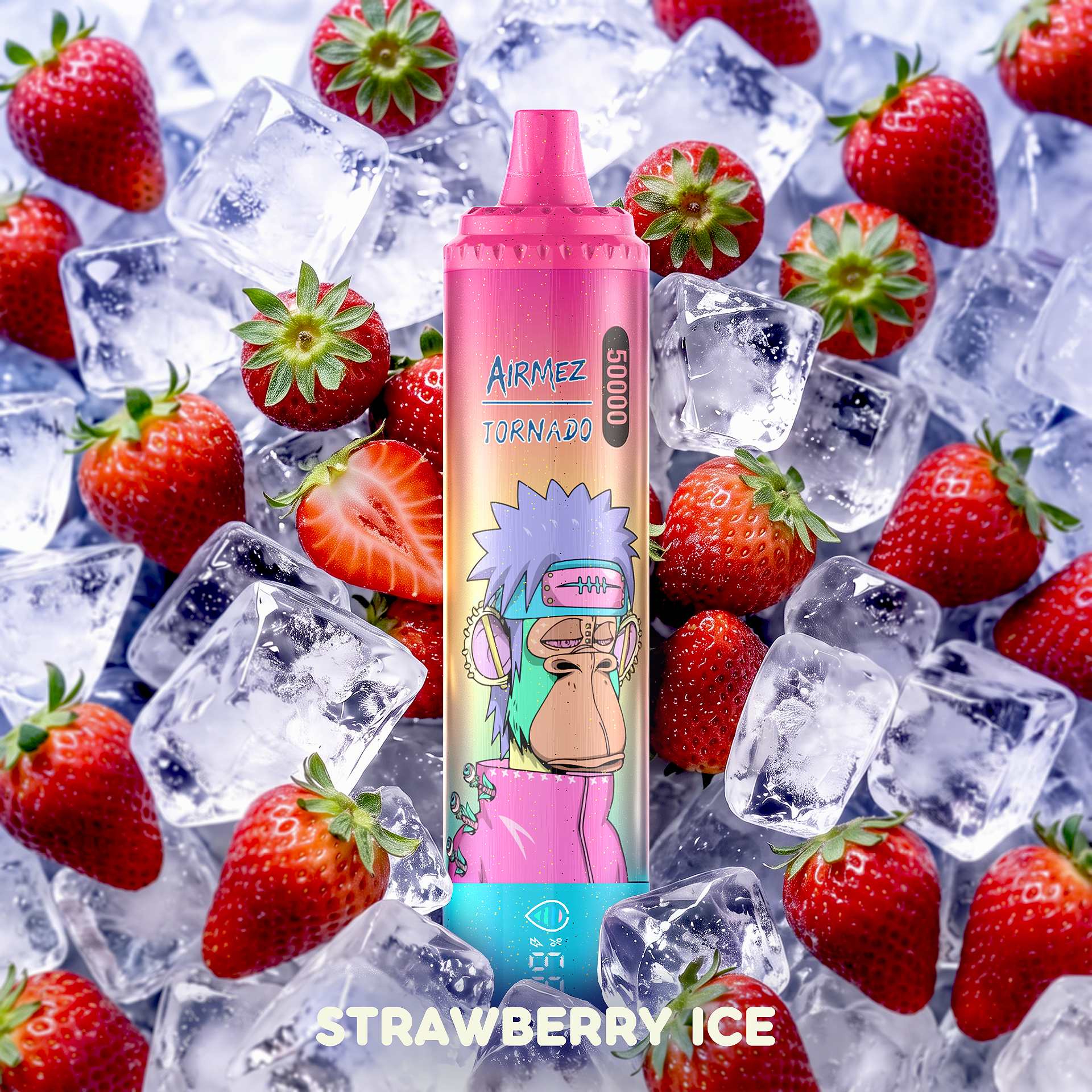 AiRMEZ Tornado 50K Strawberry Ice flavor with fresh strawberries and ice cubes