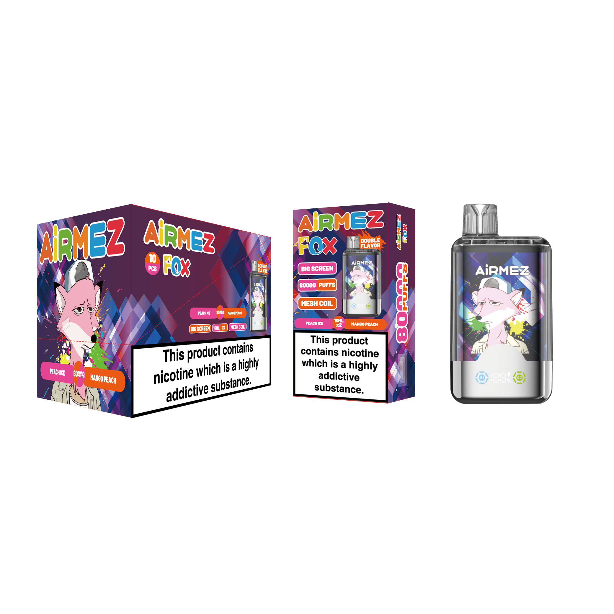 Wholesale packaging for Airmez 80K 2-in-1 Peach Ice & Mango Peach. Master display box (10 units). Shipped from EU with zero tax and fast arrival.