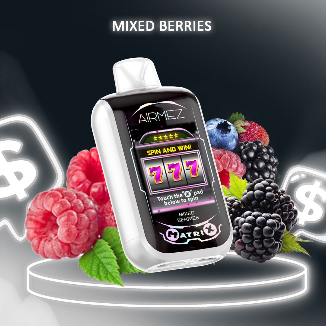 Official Airmez Matrix Pro 30K Mixed Berry. Authentic device on white background showcasing the touch-to-spin interactive feature.