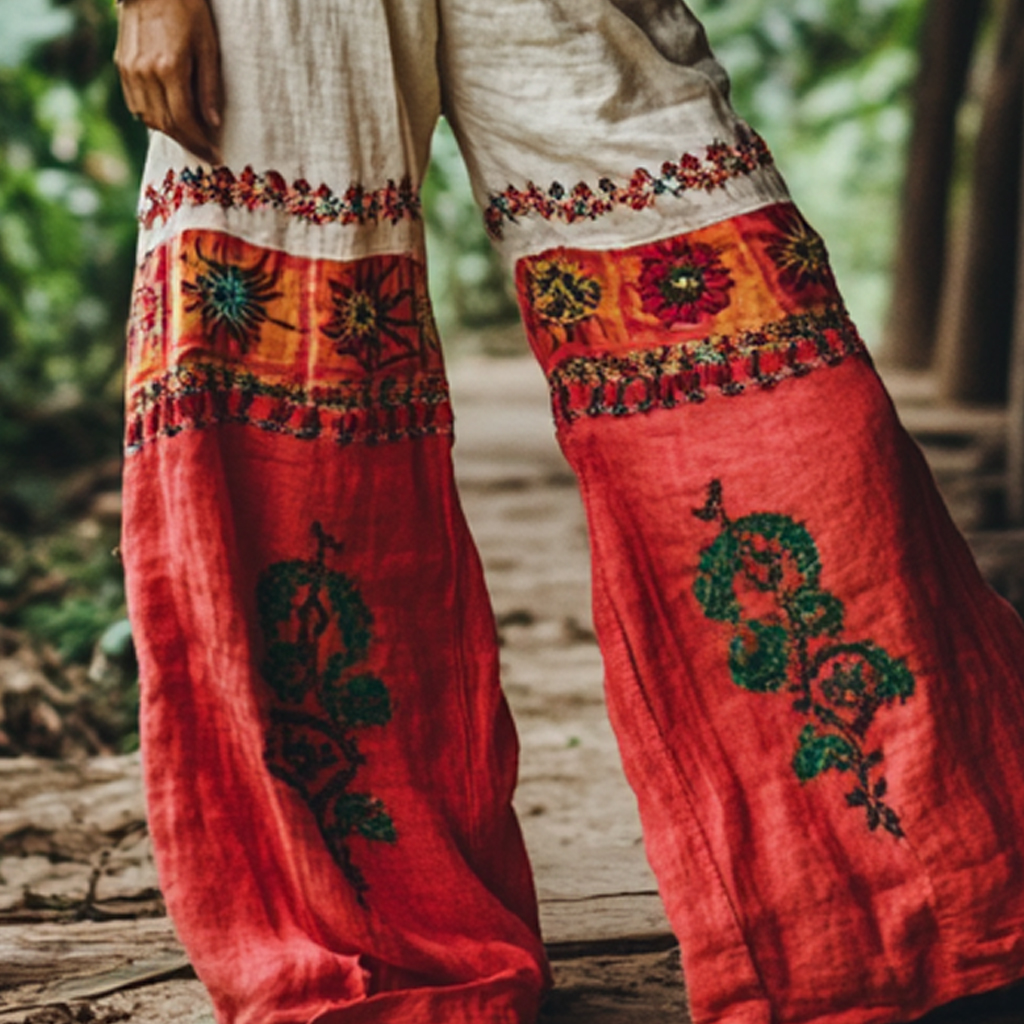 Bohemian Holiday Style Retro Linen Floral Ethnic Totem Print Casual Pants