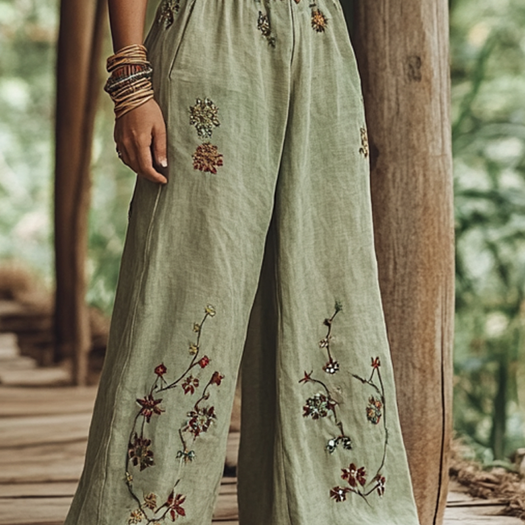 Bohemian Holiday Style Retro Linen Floral Ethnic Totem Print Casual Pants