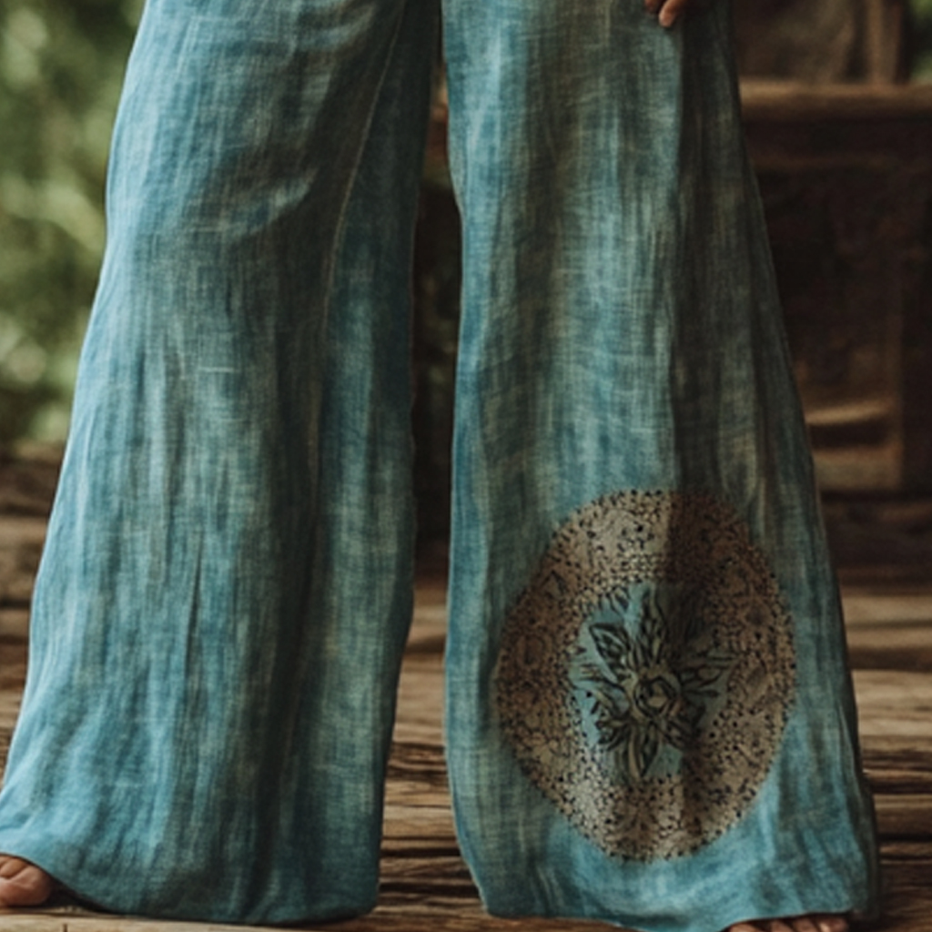 Bohemian Holiday Style Retro Linen Floral Ethnic Totem Print Casual Pants