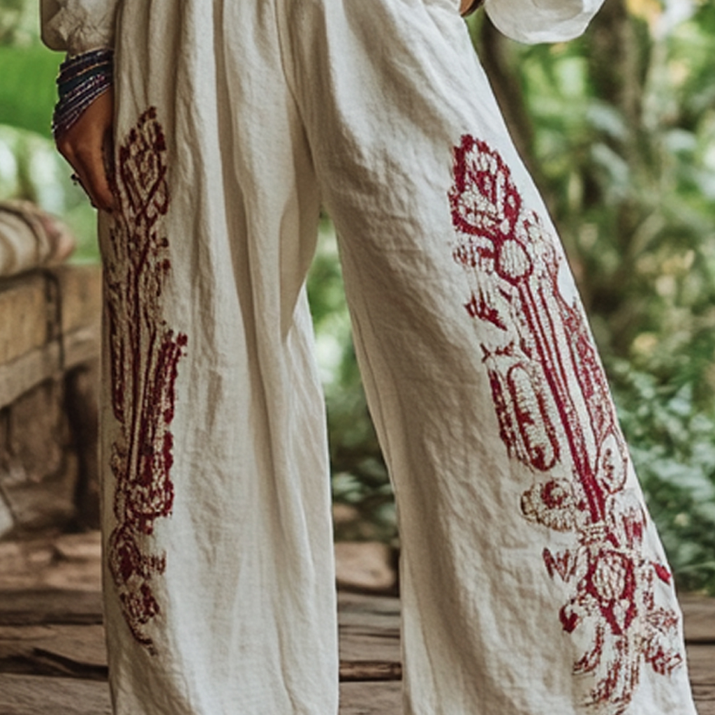 Bohemian Holiday Style Retro Linen Floral Ethnic Totem Print Casual Pants