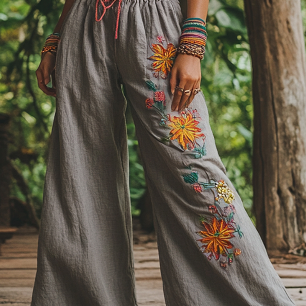 Bohemian Holiday Style Retro Linen Floral Ethnic Totem Print Casual Pants