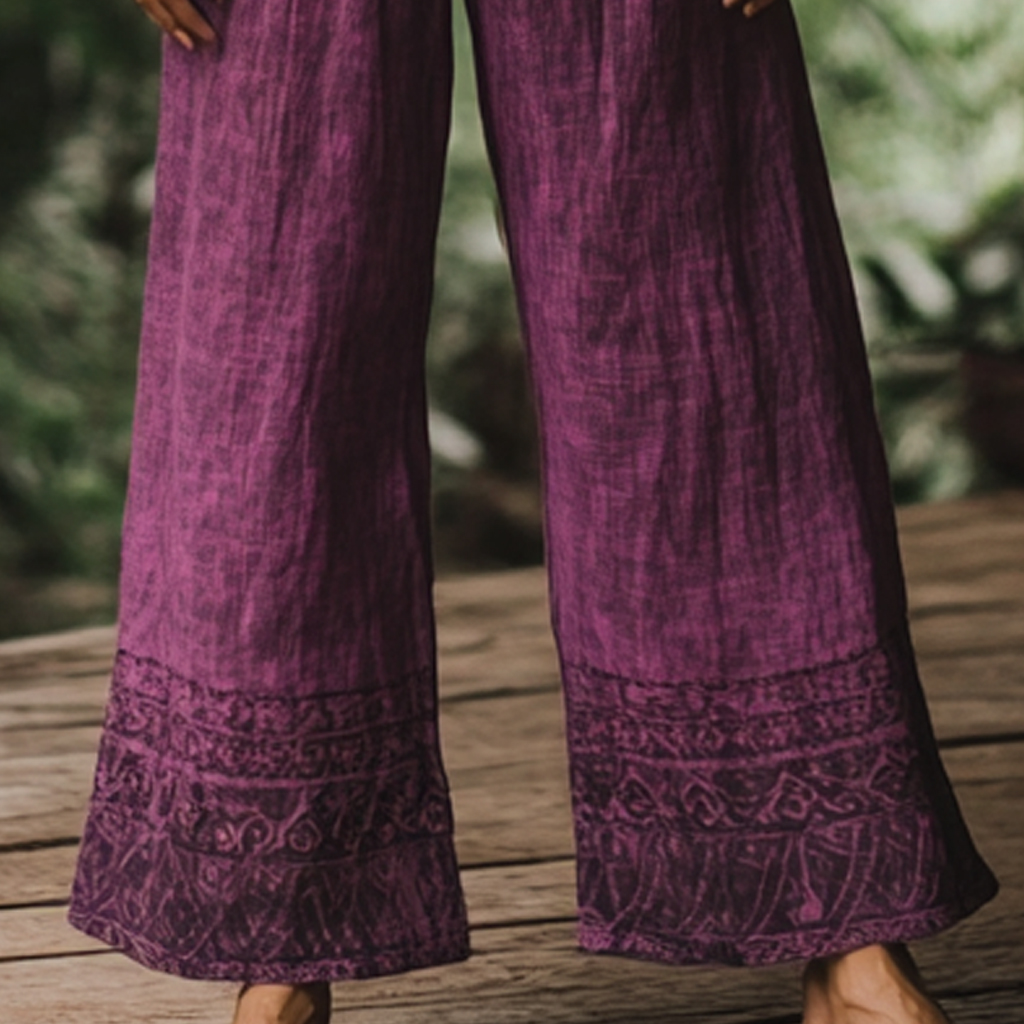 Bohemian Holiday Style Retro Linen Floral Ethnic Totem Print Casual Pants