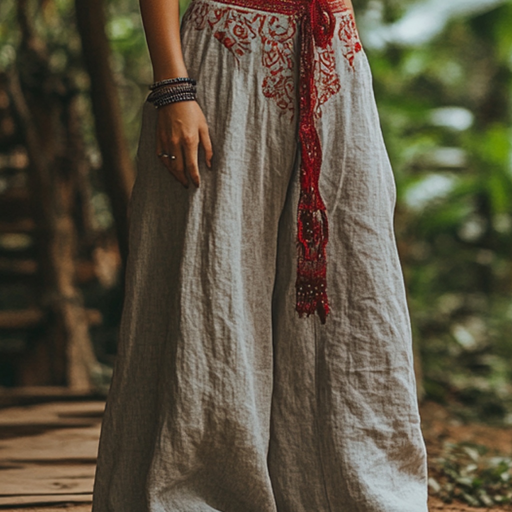 Bohemian Holiday Style Retro Linen Floral Ethnic Totem Print Casual Pants