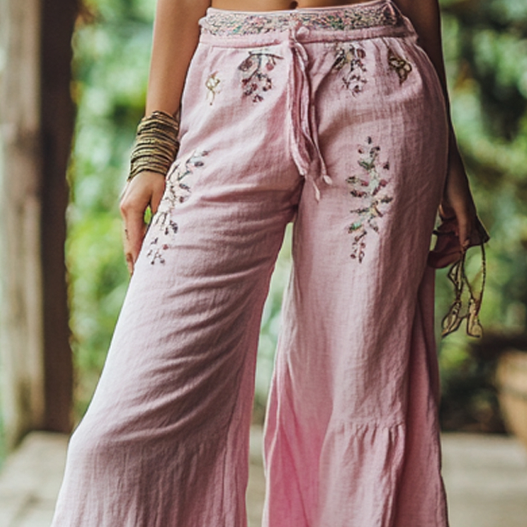 Bohemian Holiday Style Retro Linen Floral Ethnic Totem Print Casual Pants