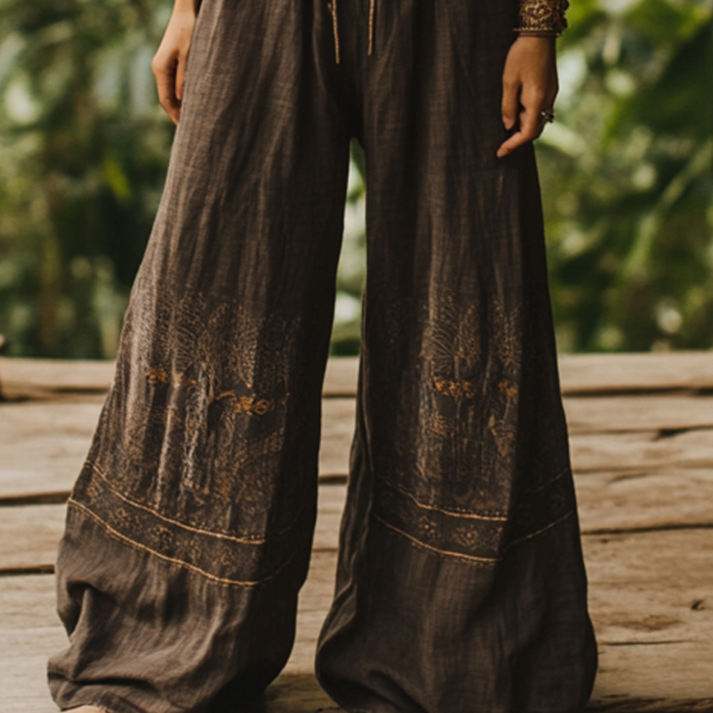 Bohemian Holiday Style Retro Linen Floral Ethnic Totem Print Casual Pants