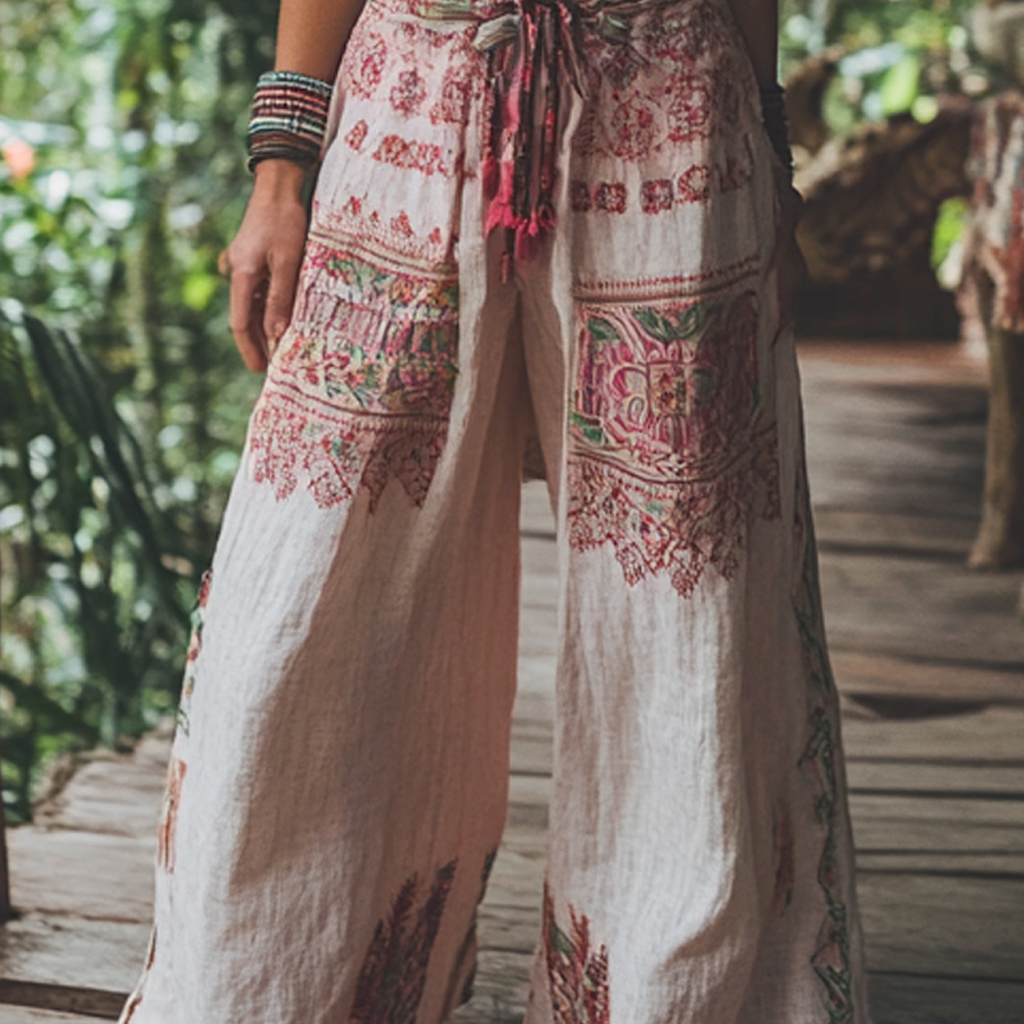 Bohemian Holiday Style Retro Linen Floral Ethnic Totem Print Casual Pants