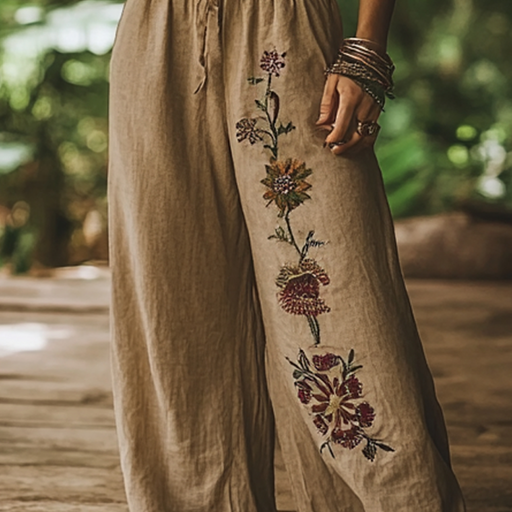Bohemian Holiday Style Retro Linen Floral Ethnic Totem Print Casual Pants