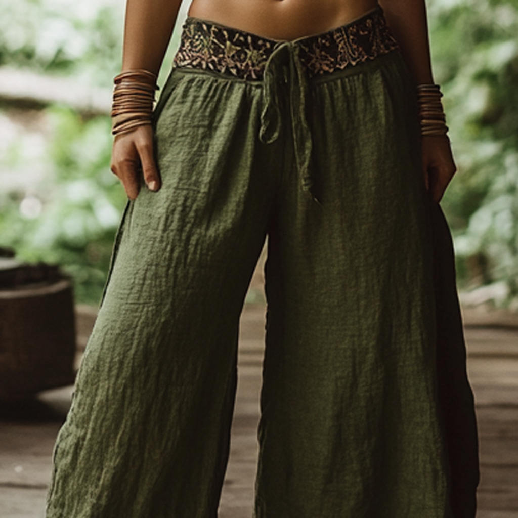 Bohemian Holiday Style Retro Linen Floral Ethnic Totem Print Casual Pants