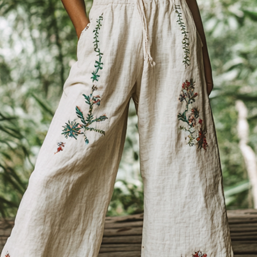 Bohemian Holiday Style Retro Linen Floral Ethnic Totem Print Casual Pants