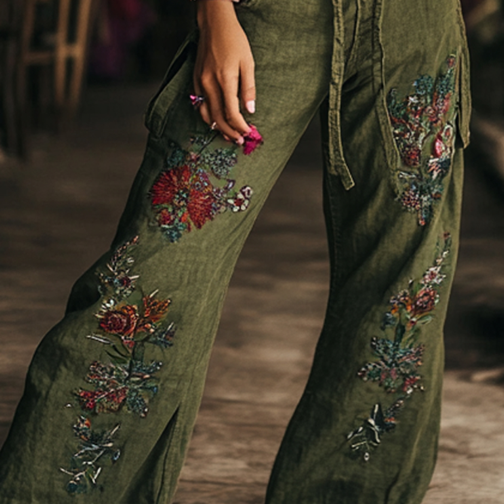 Bohemian Holiday Style Retro Linen Floral Ethnic Totem Print Casual Pants