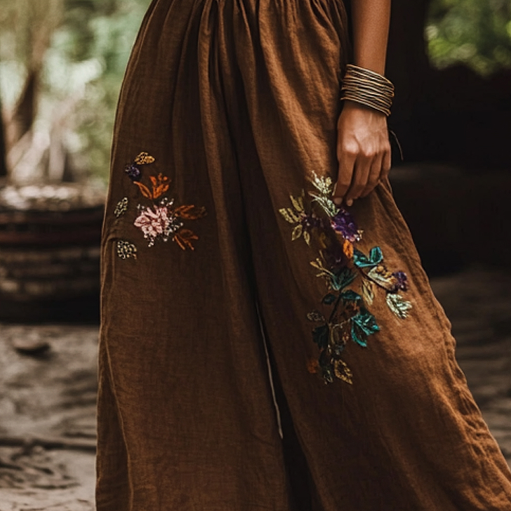 Bohemian Holiday Style Retro Linen Floral Ethnic Totem Print Casual Pants