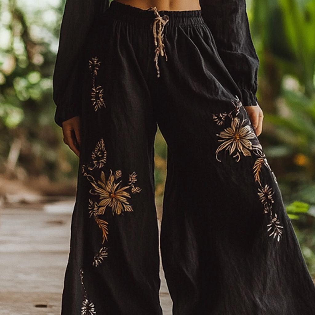 Bohemian Holiday Style Retro Linen Floral Ethnic Totem Print Casual Pants