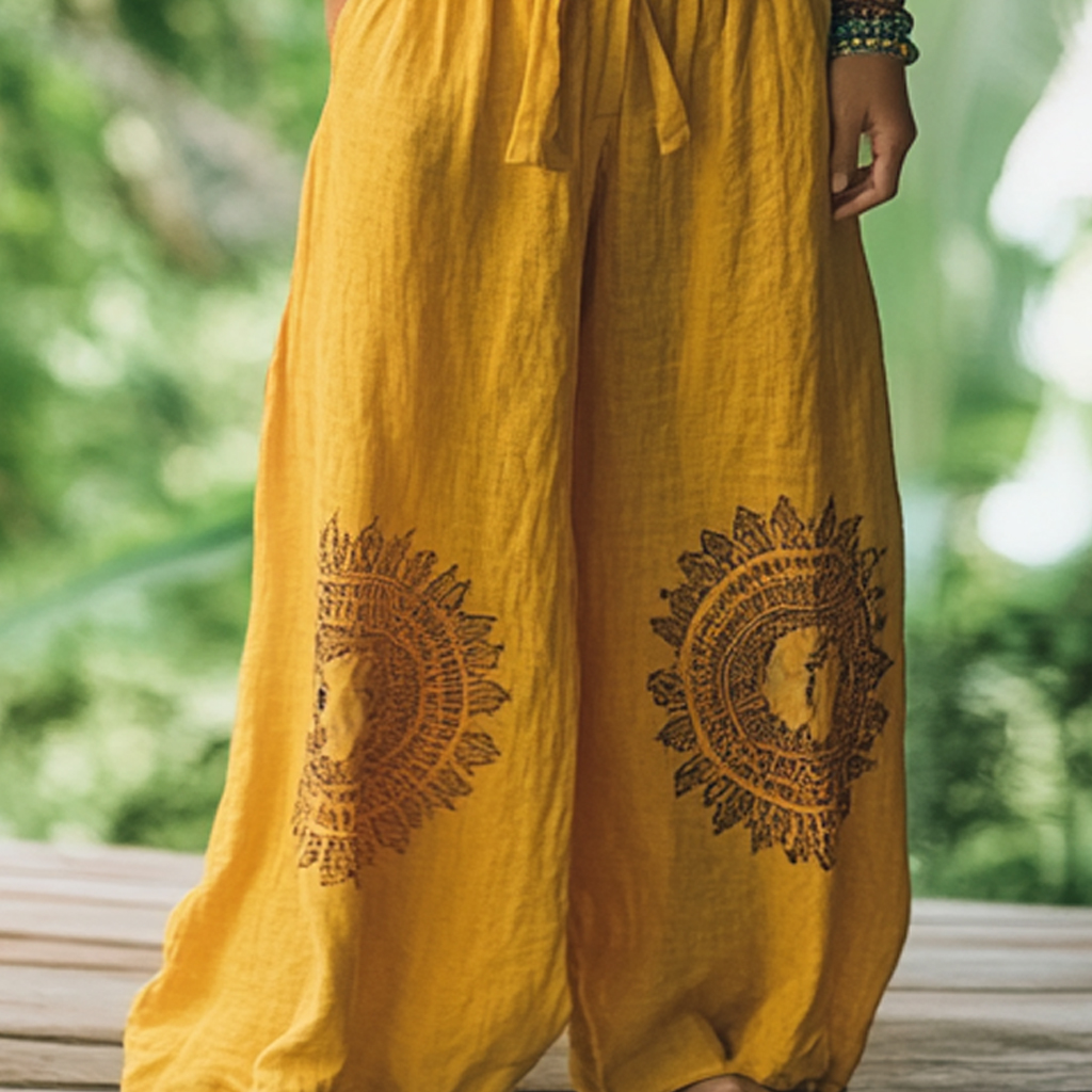 Bohemian Holiday Style Retro Linen Floral Ethnic Totem Print Casual Pants