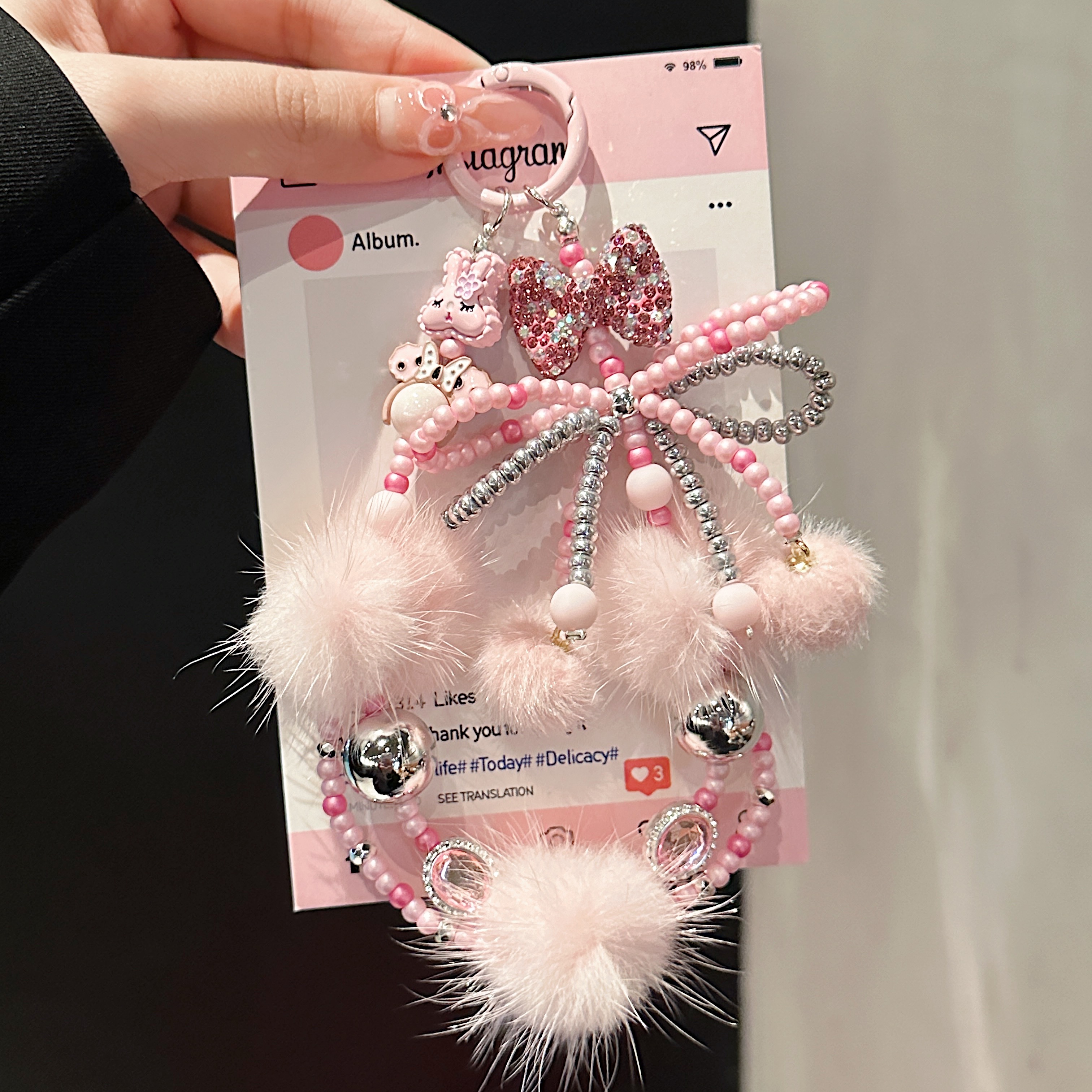 Fluffy Pom-Pom & Beaded Bow Phone Charms