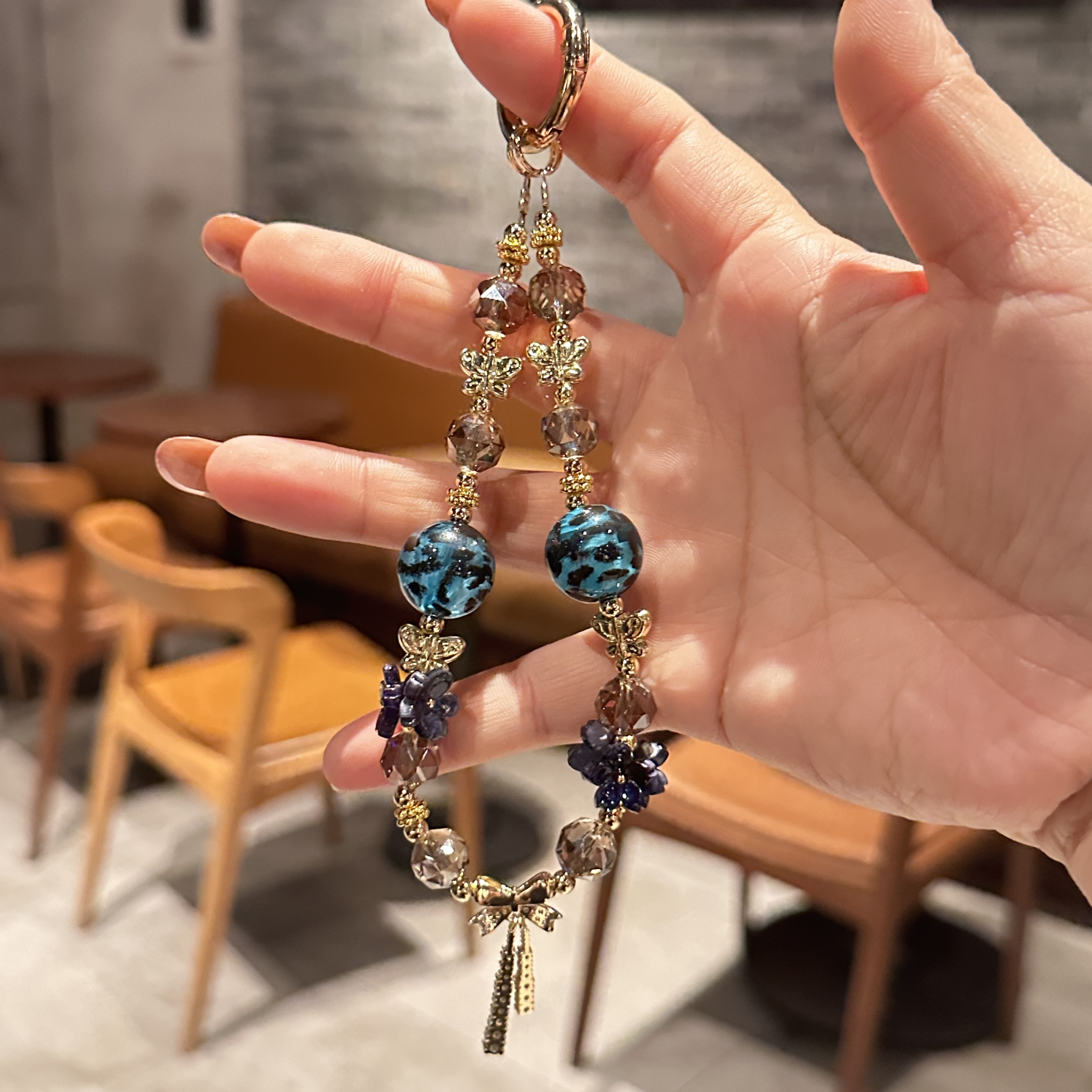 Elegant Blue Floral & Crystal Phone Charm