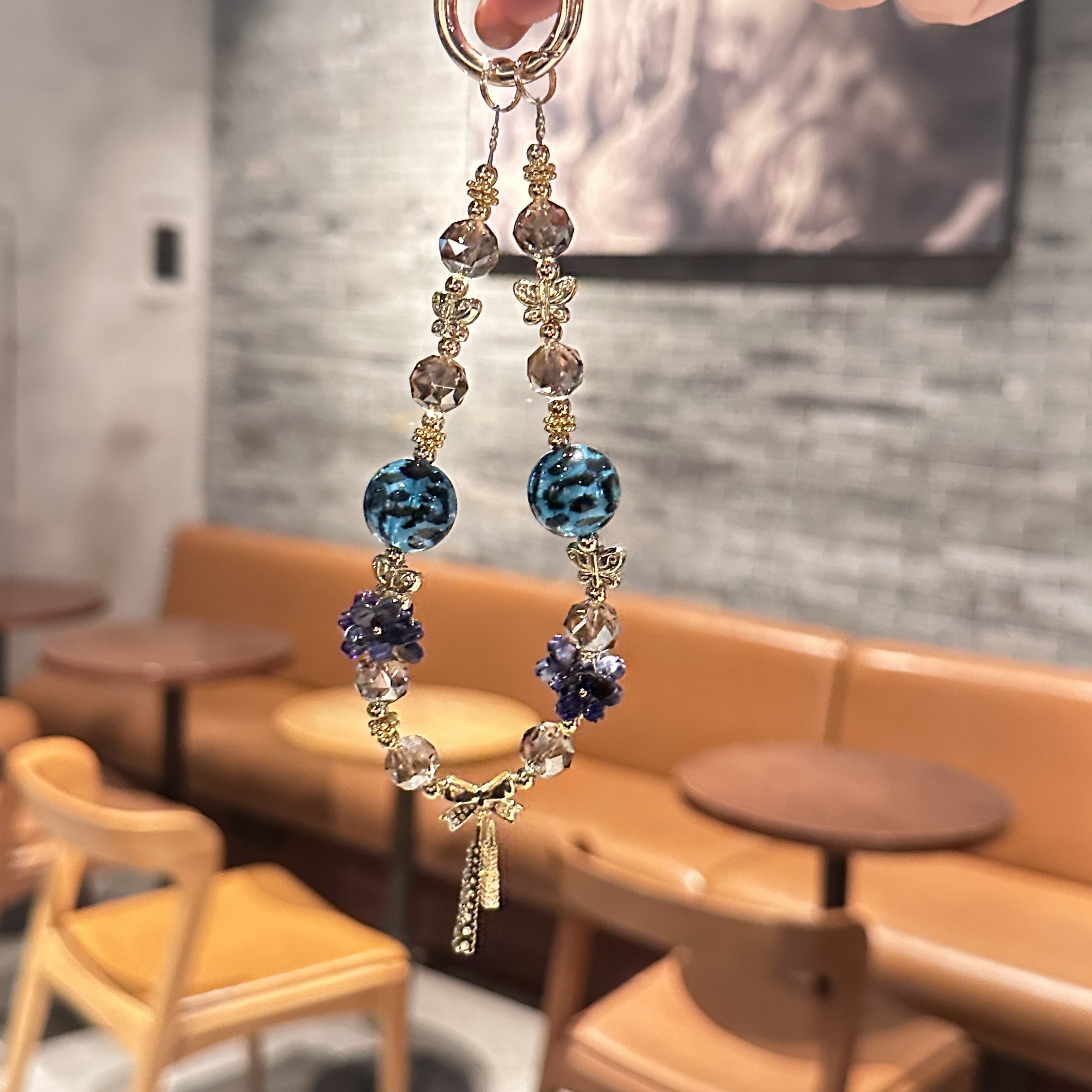 Elegant Blue Floral & Crystal Phone Charm