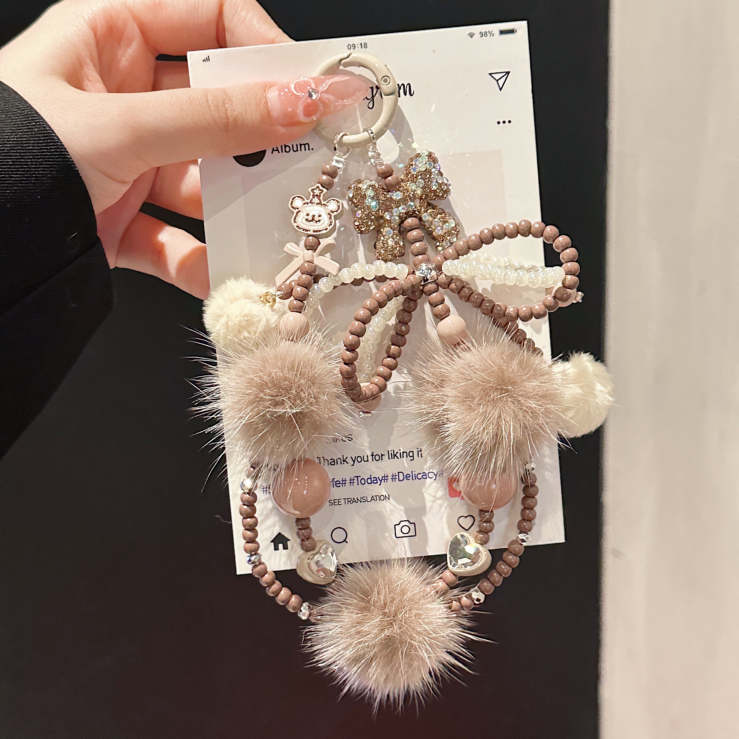 Fluffy Pom-Pom & Beaded Bow Phone Charms