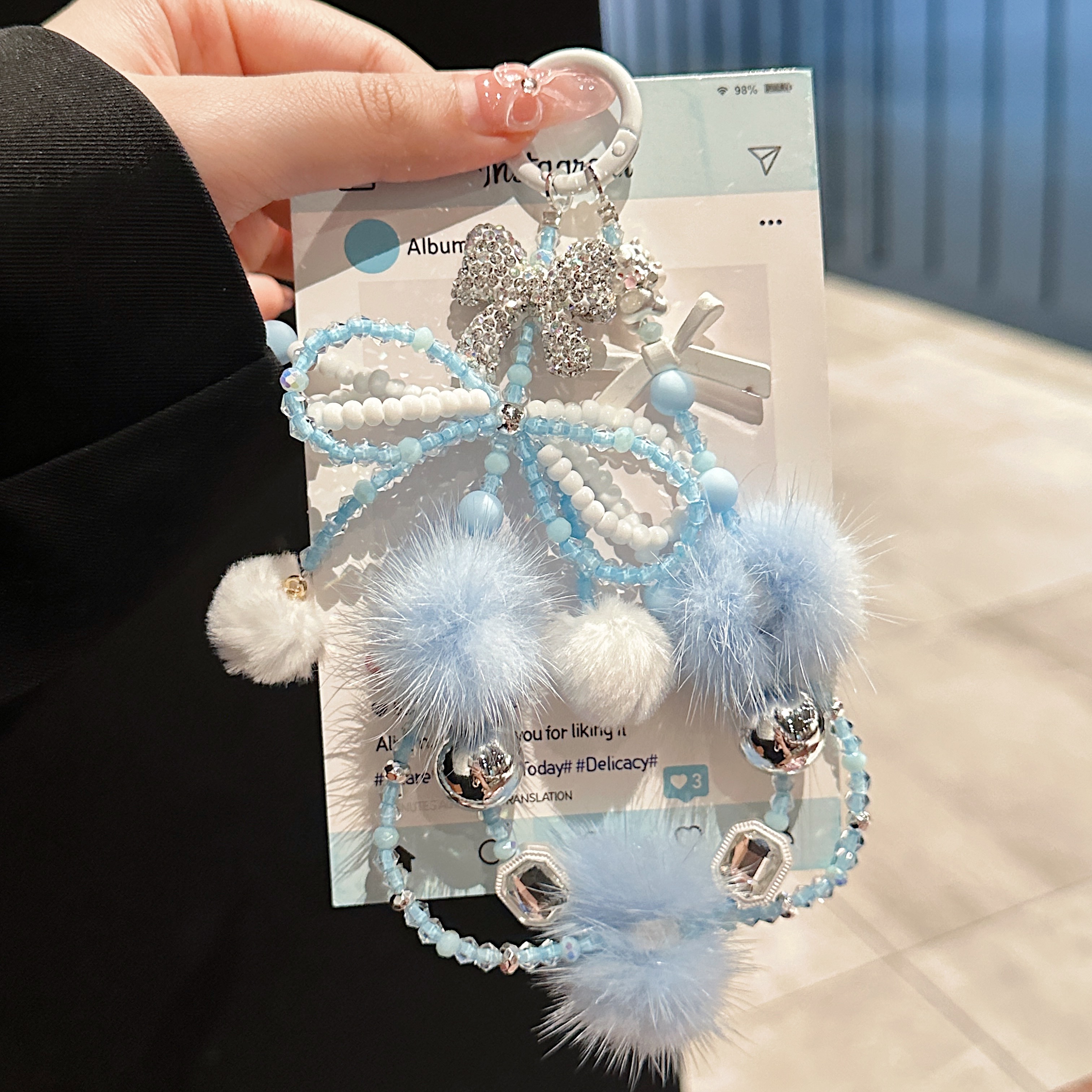 Fluffy Pom-Pom & Beaded Bow Phone Charms