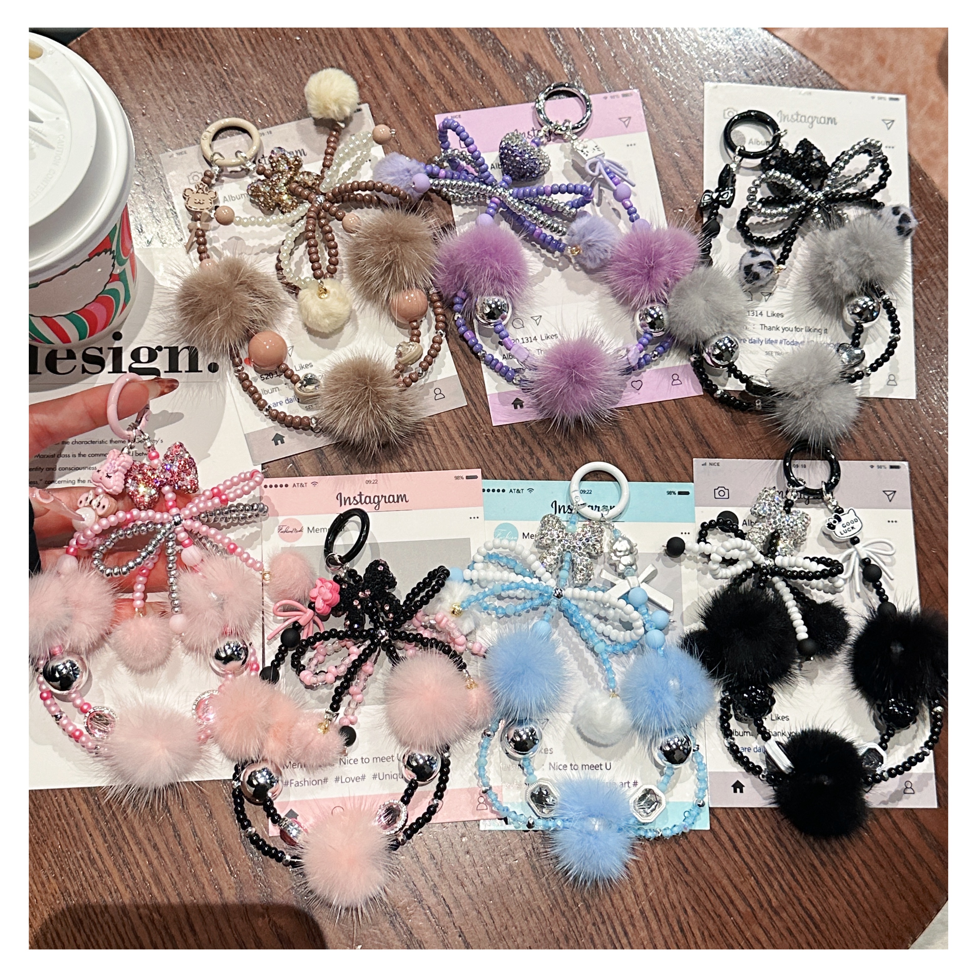 Fluffy Pom-Pom & Beaded Bow Phone Charms