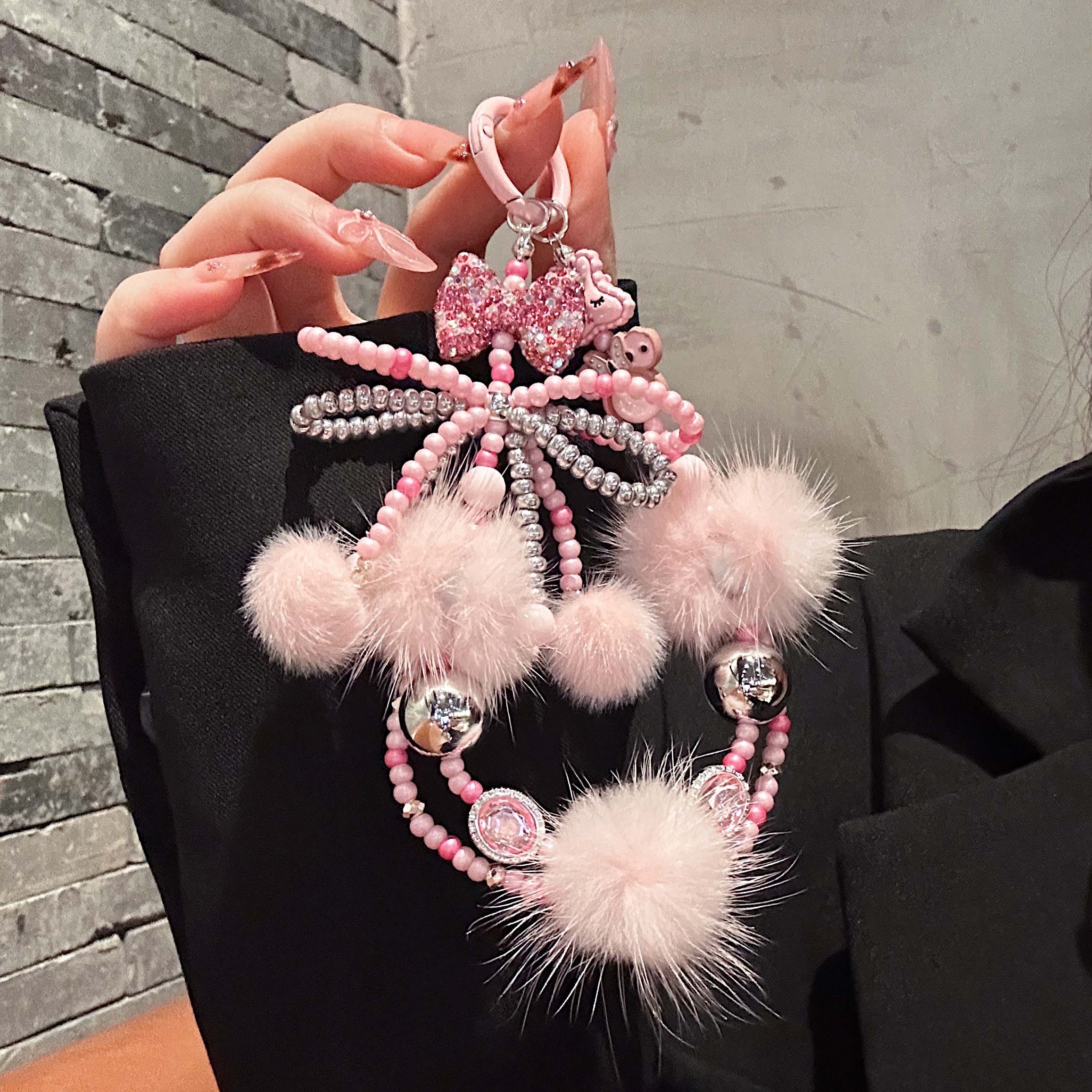 Fluffy Pom-Pom & Beaded Bow Phone Charms