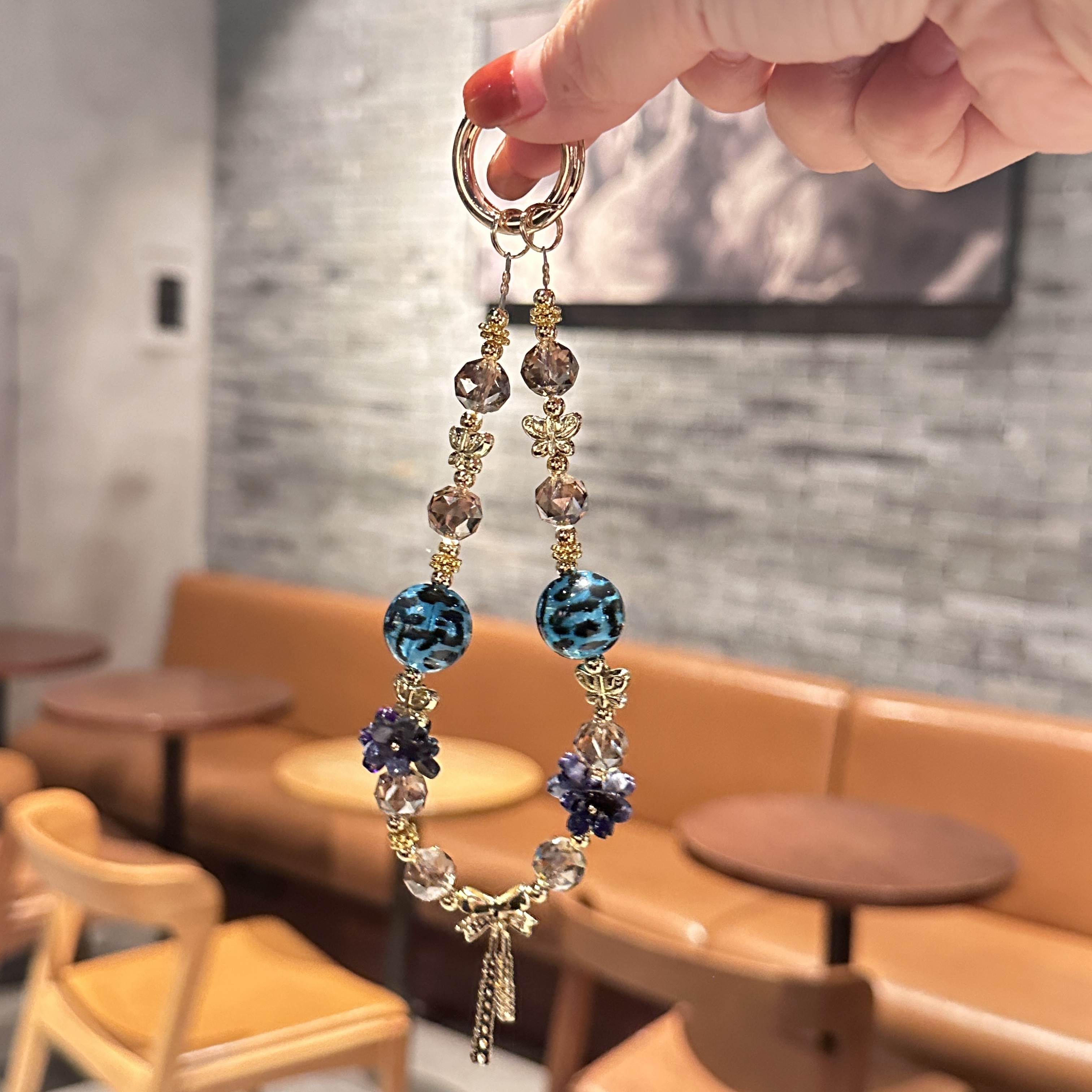 Elegant Blue Floral & Crystal Phone Charm