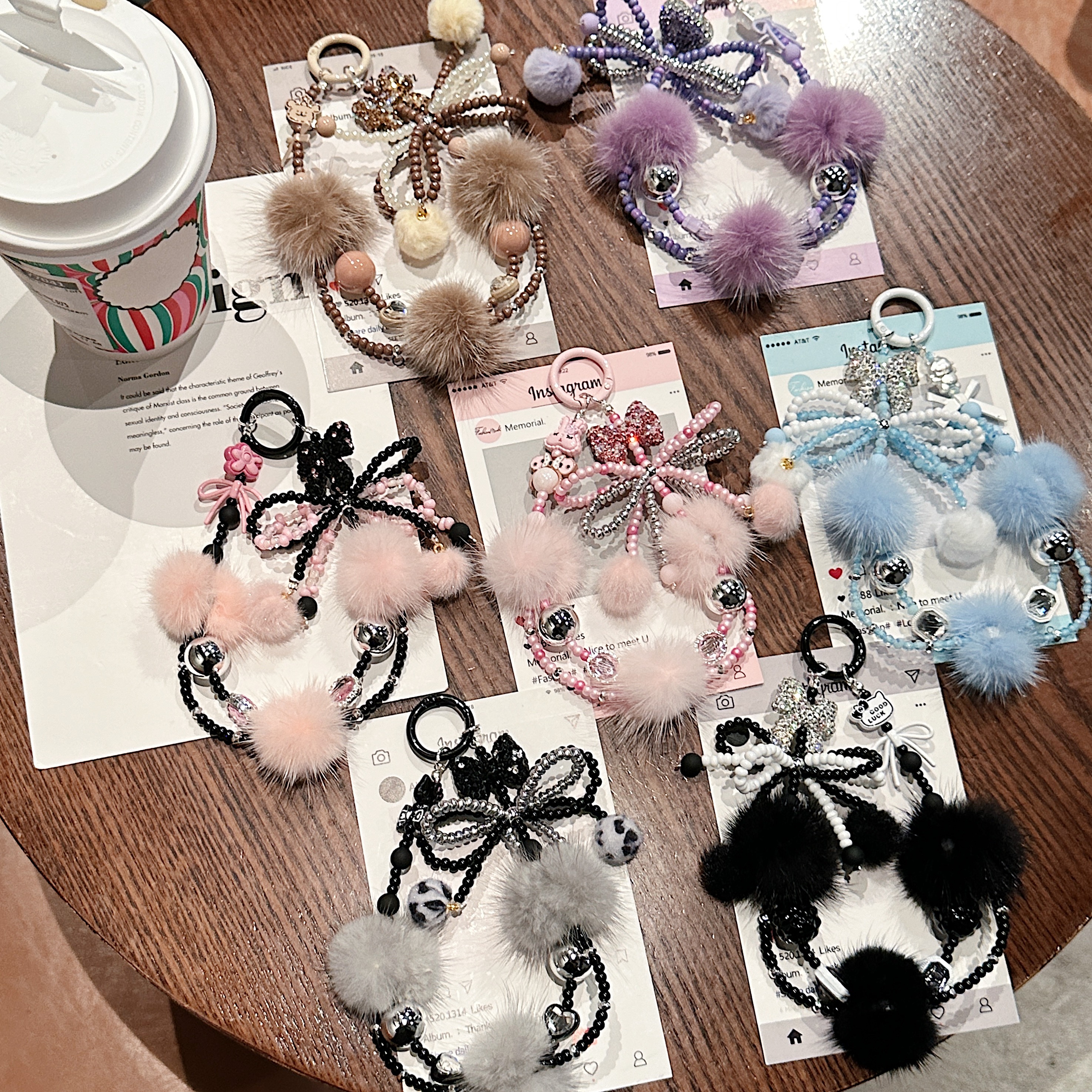 Fluffy Pom-Pom & Beaded Bow Phone Charms