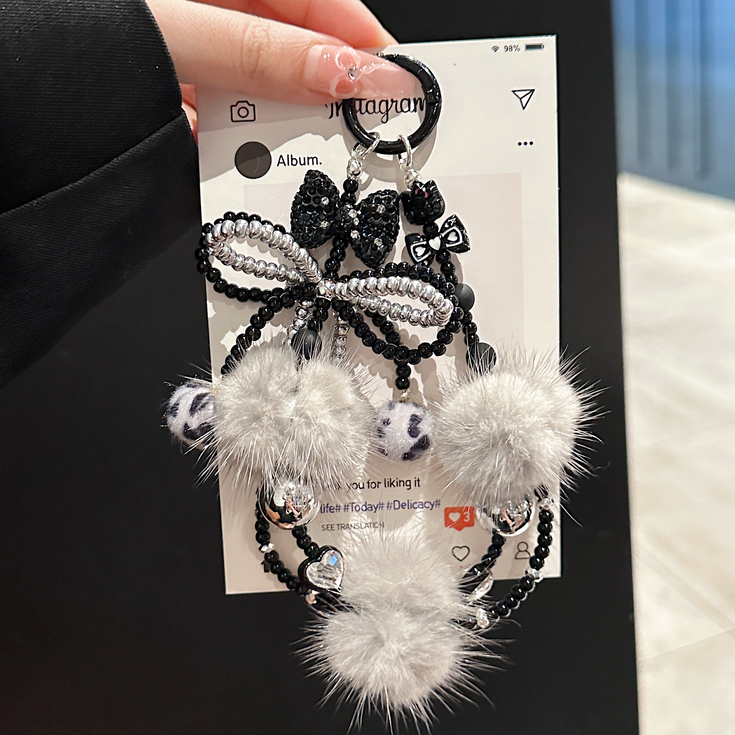 Fluffy Pom-Pom & Beaded Bow Phone Charms