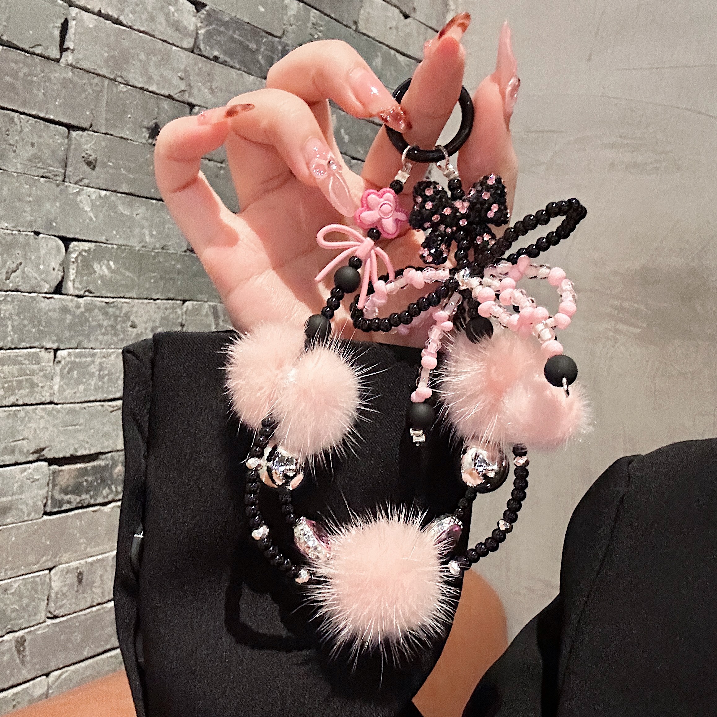 Fluffy Pom-Pom & Beaded Bow Phone Charms