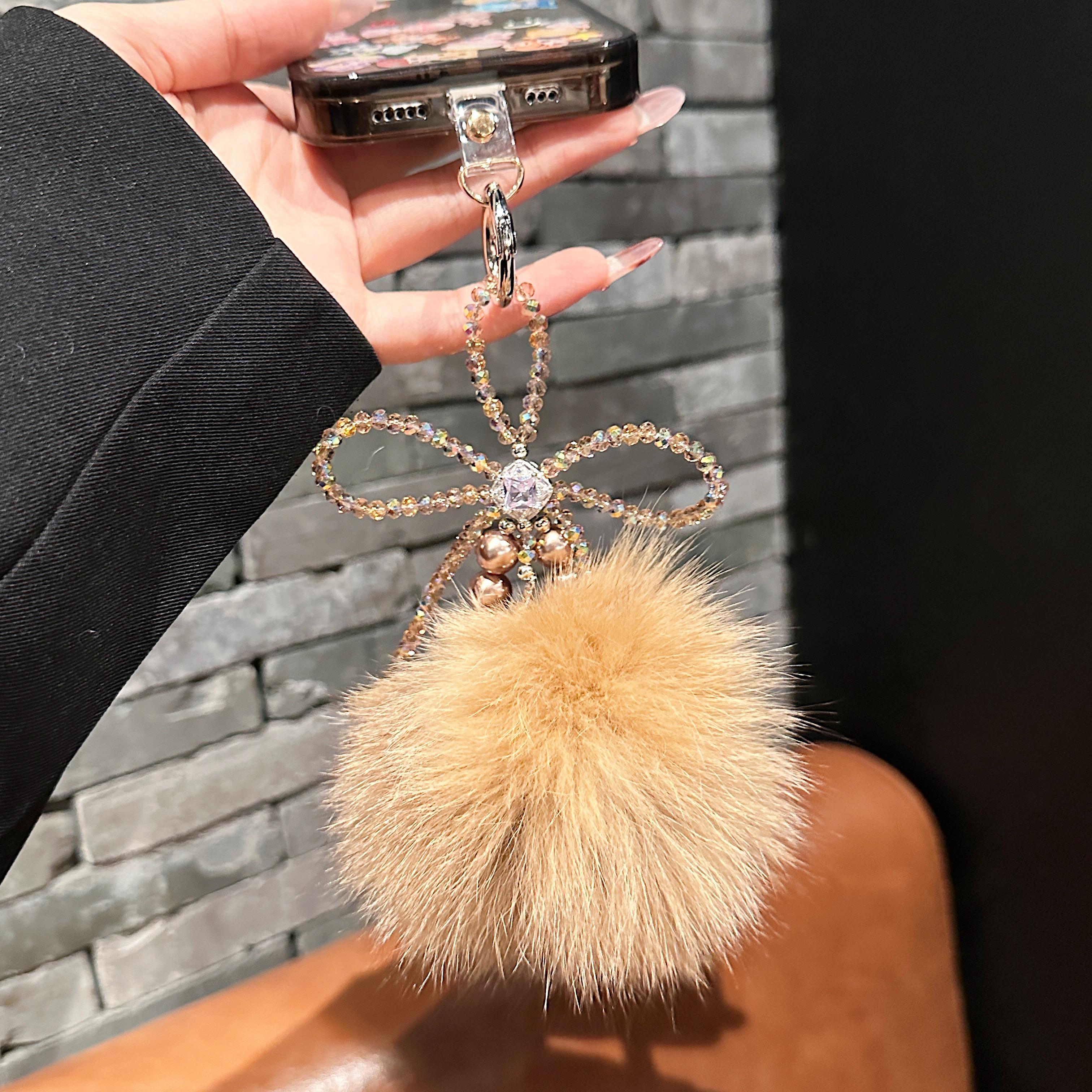 Fluffy Pom-Pom & Beaded Bow Phone Charms