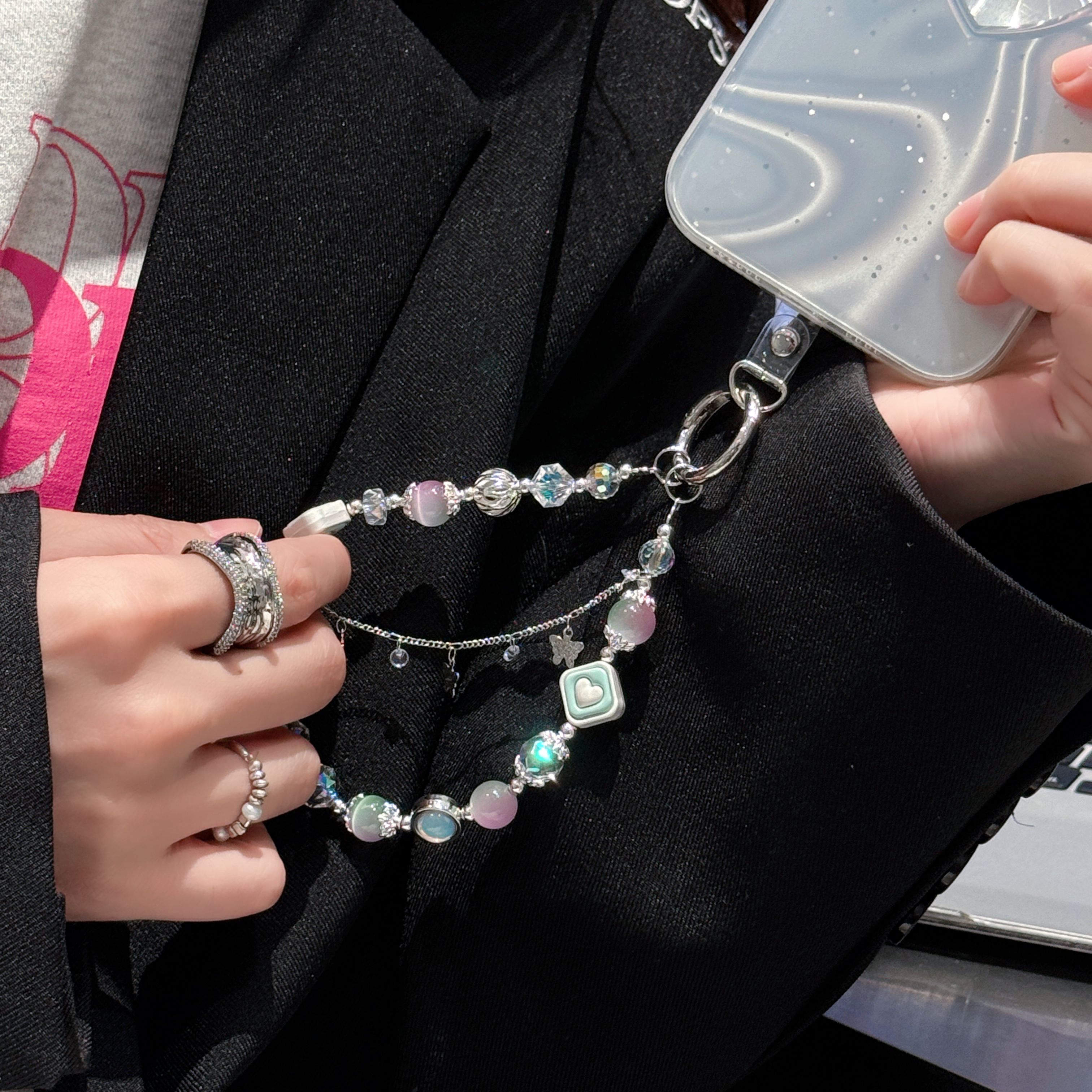 Sparkling Butterfly & Heart Charm Phone Chains