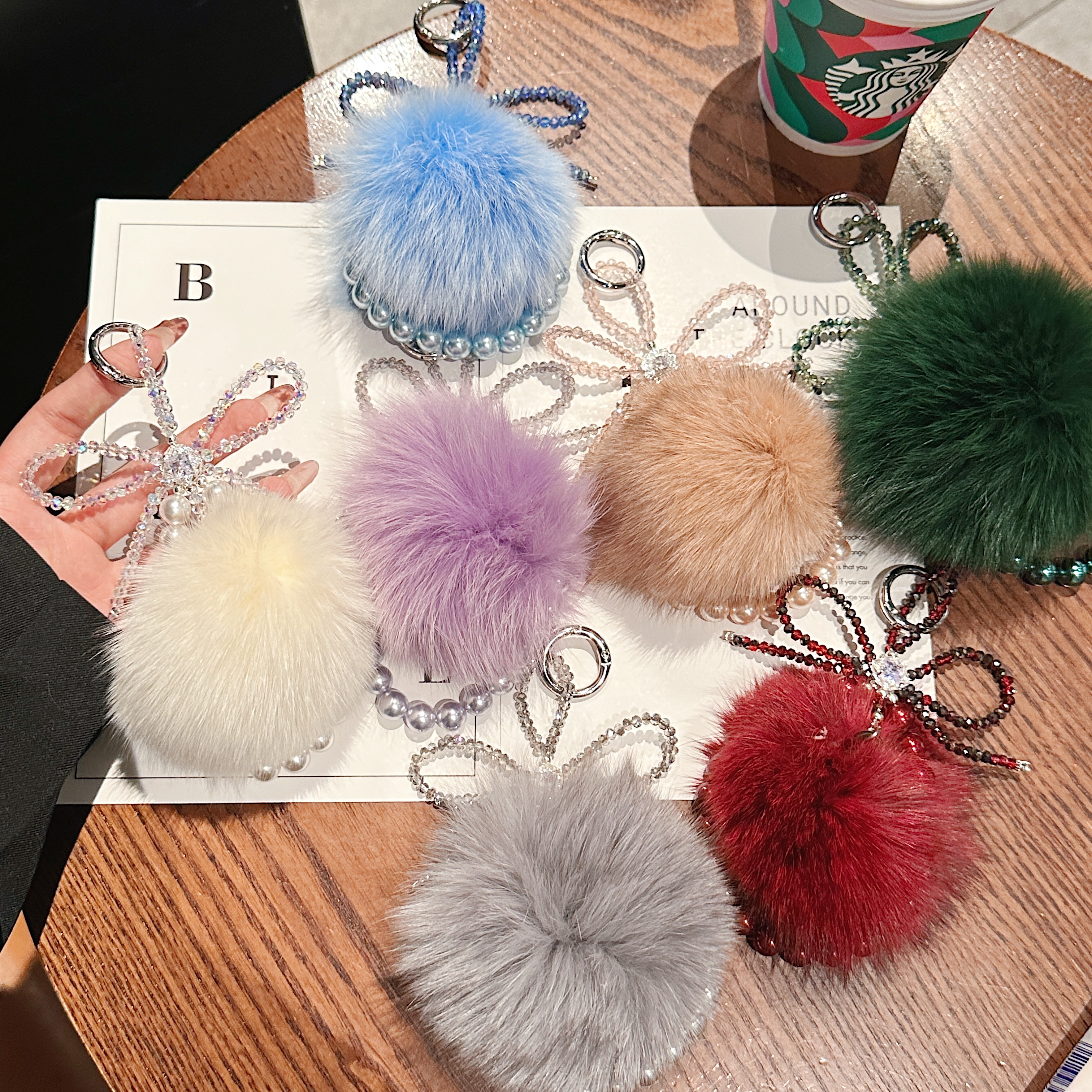 Plush Pom-Pom & Beaded Bow Phone Charms