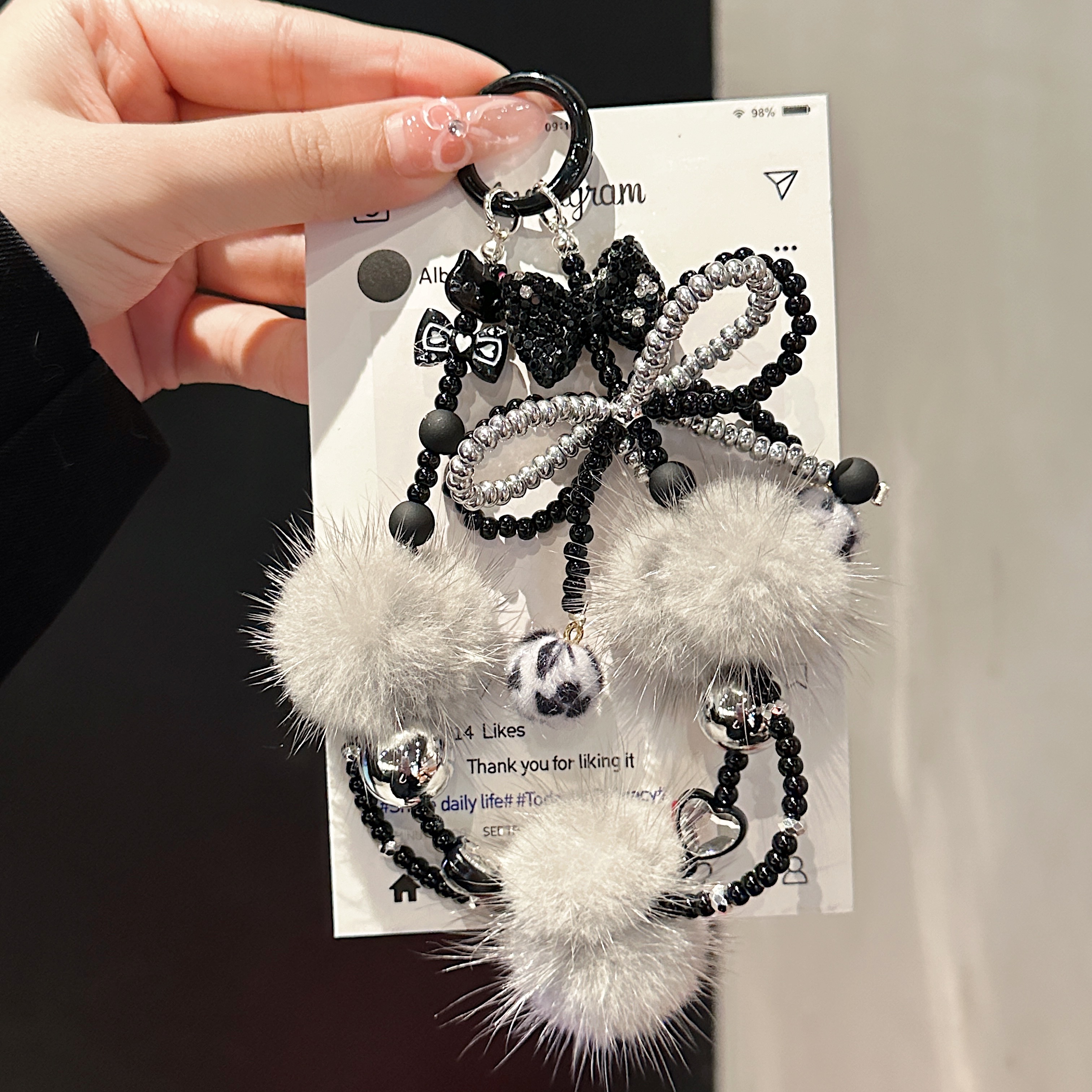 Fluffy Pom-Pom & Beaded Bow Phone Charms