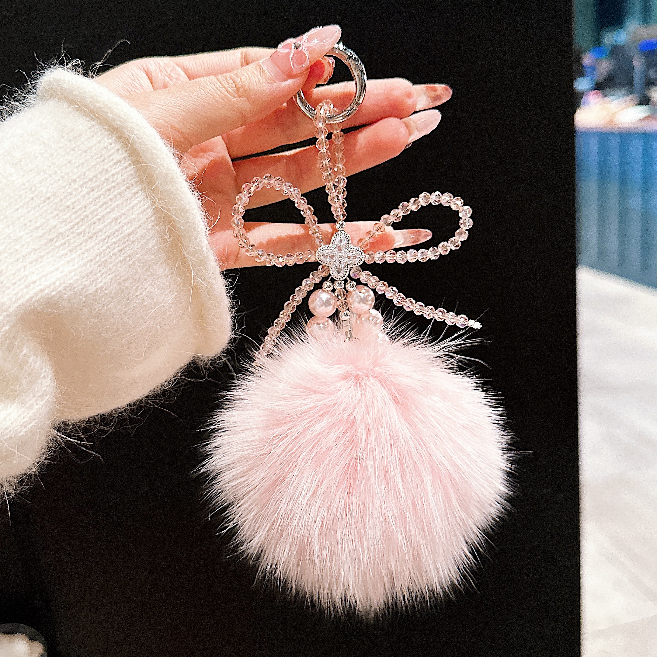 Fluffy Pom-Pom & Beaded Bow Phone Charms