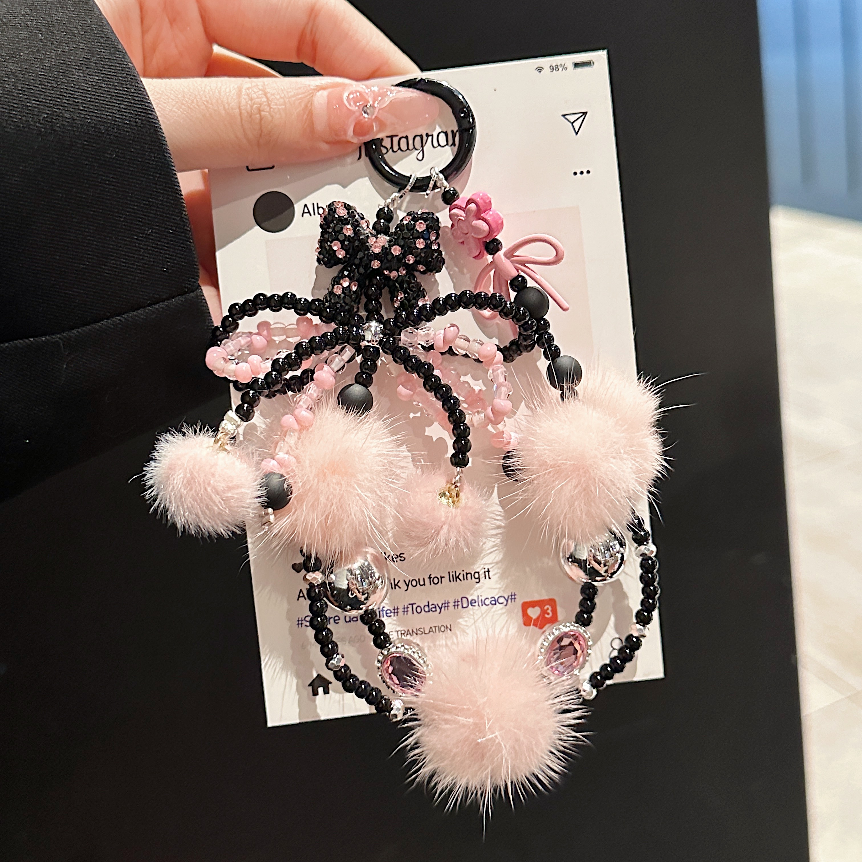 Fluffy Pom-Pom & Beaded Bow Phone Charms