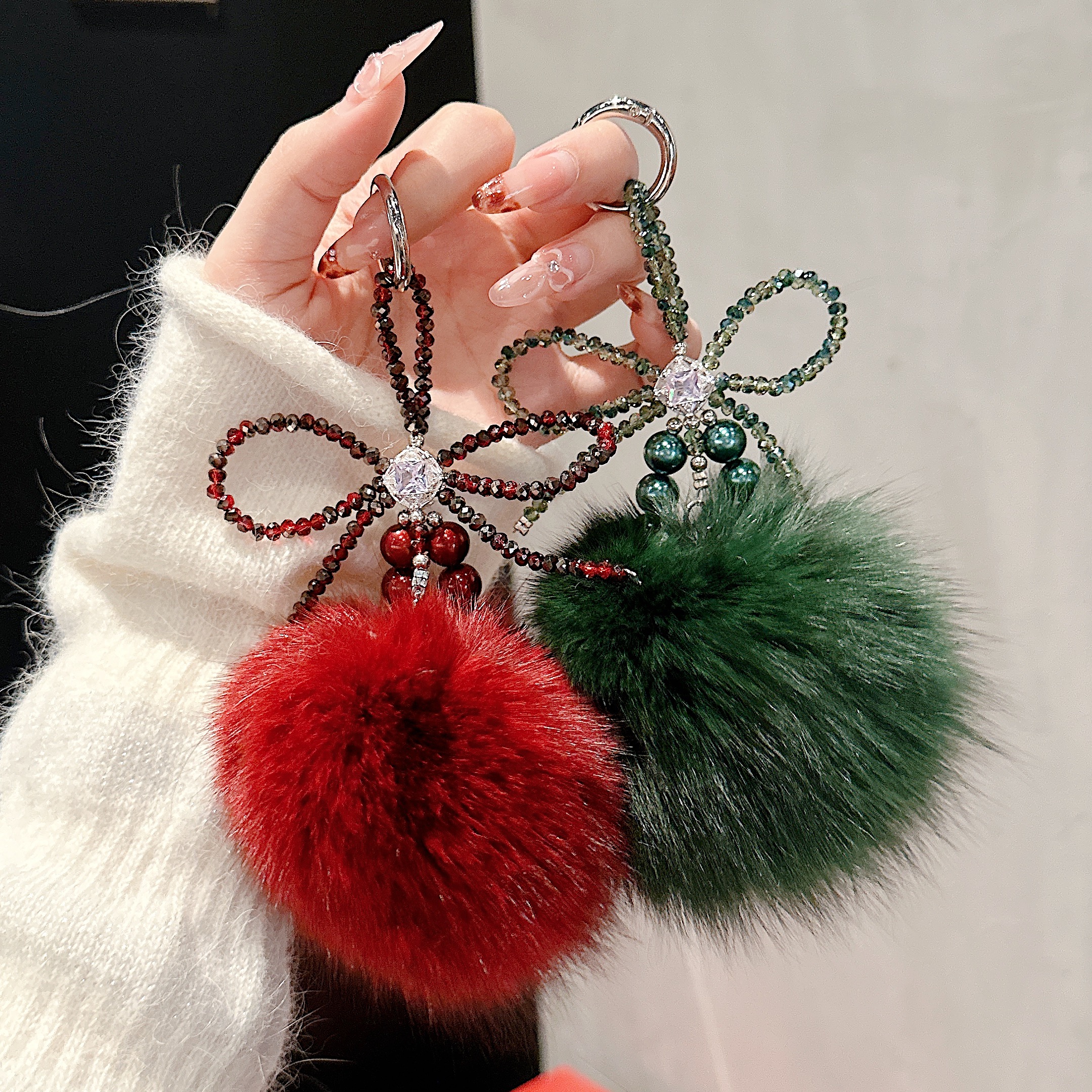 Plush Pom-Pom & Beaded Bow Phone Charms