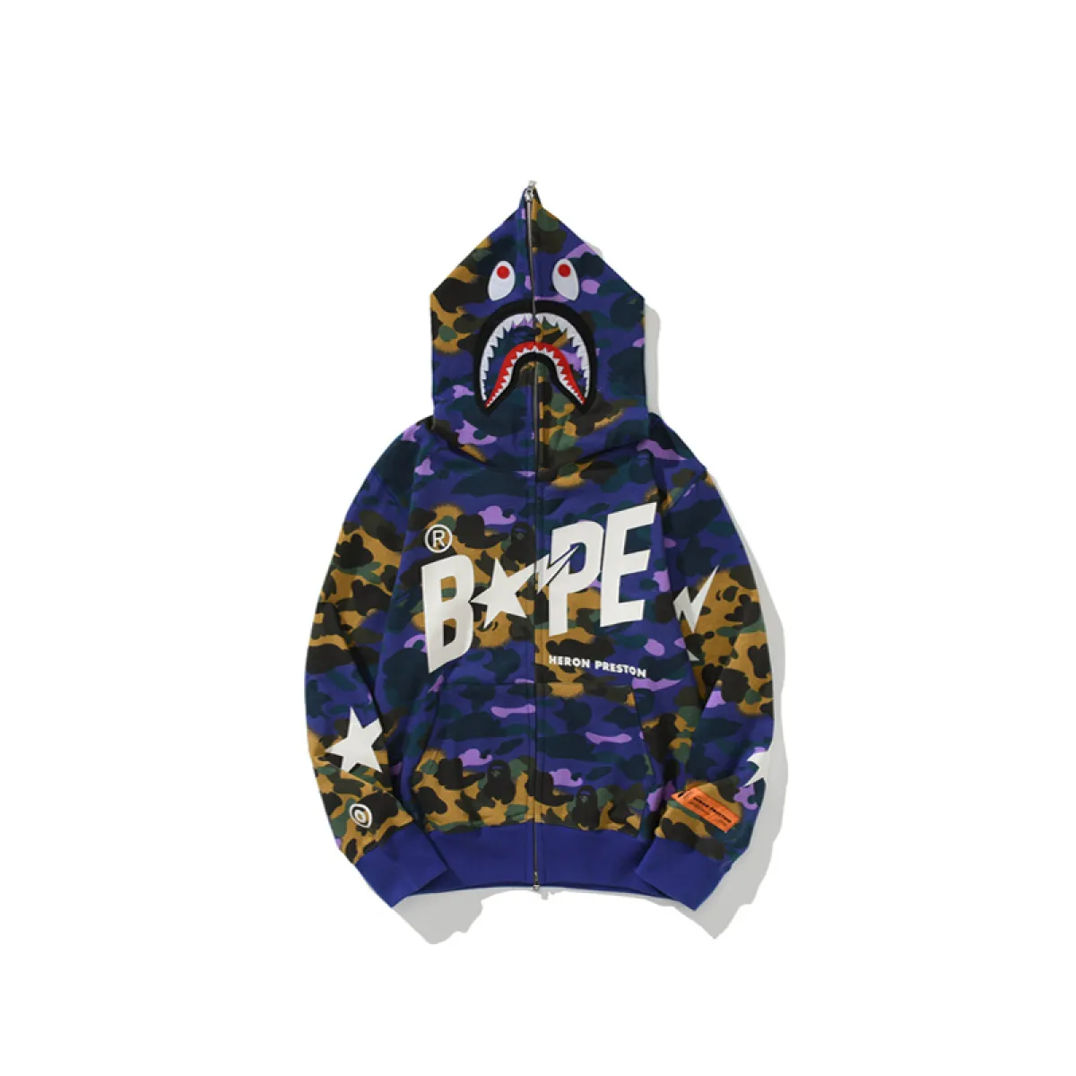 BAPE x Heron Preston Mix 1st Camo Shark Relaxed Fit Full Zip Hoodie Purple