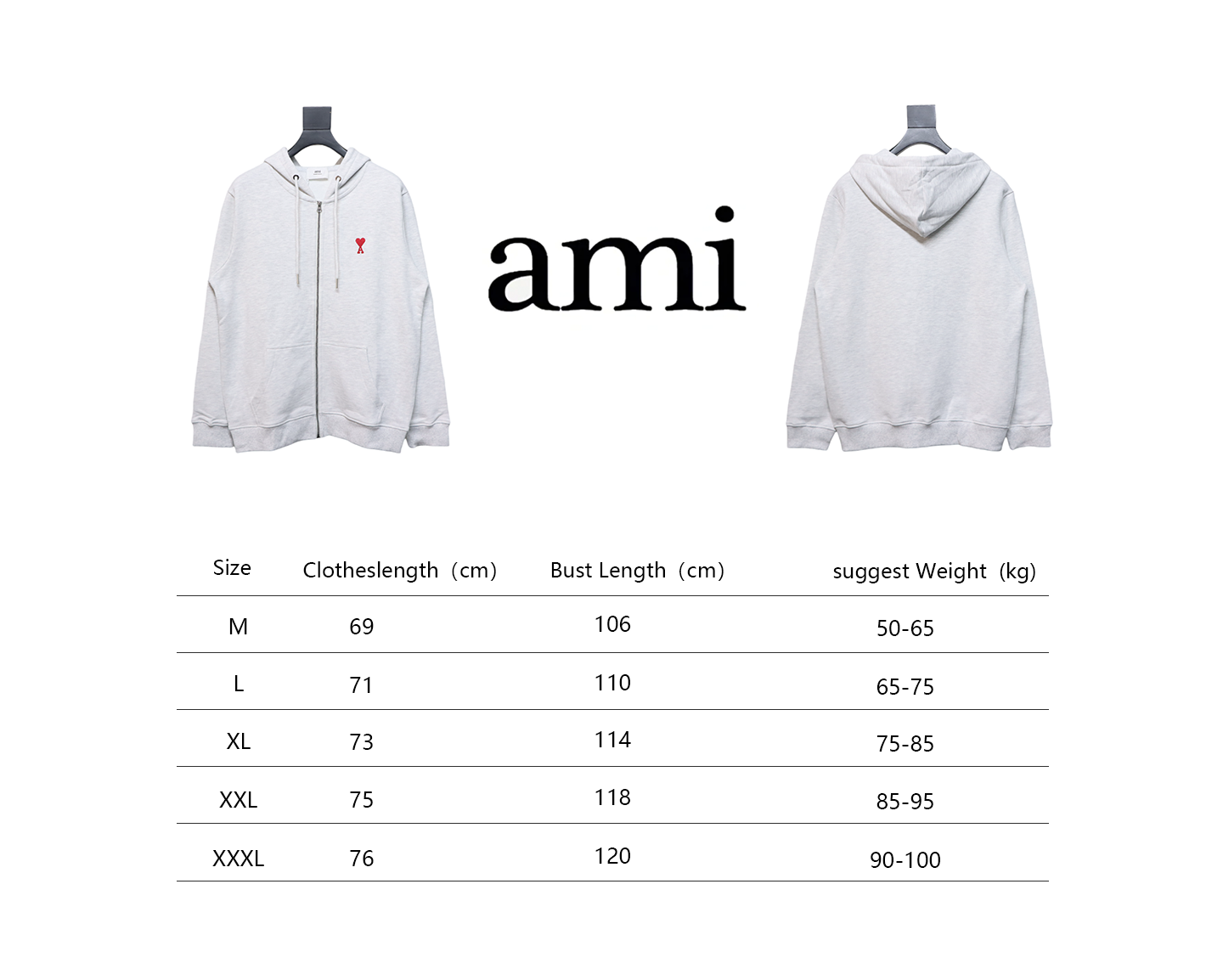 AMI Paris Ami de Coeur Cotton Zip Hoodie Grey