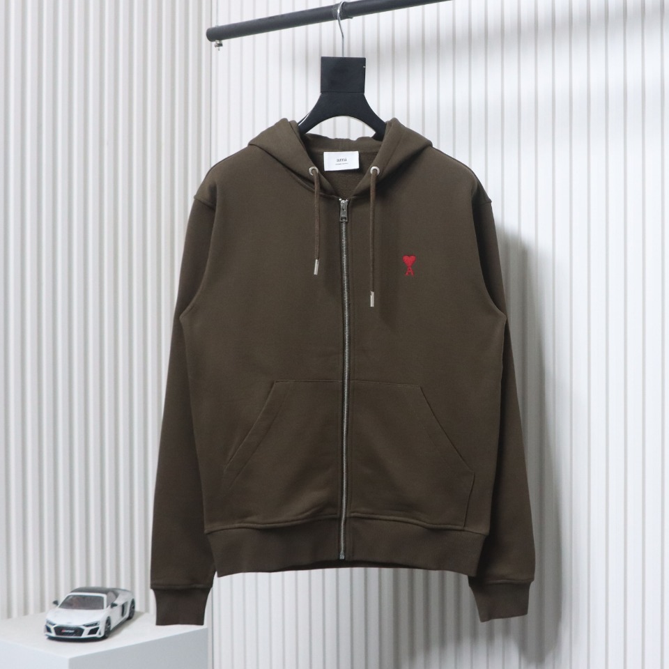 AMI Paris Ami de Coeur Cotton Zip Hoodie Dark Brown