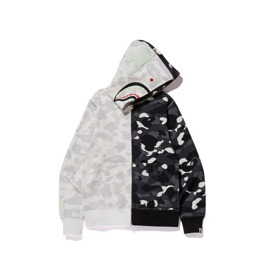 BAPE Space Camo Shark WGM Full-Zip Spliced Hoodie Black and White