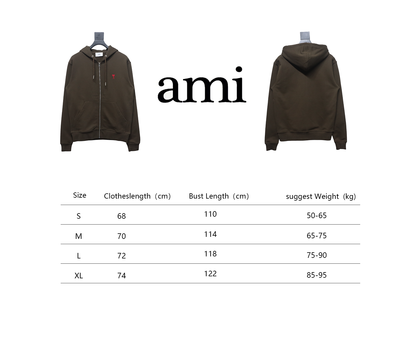 AMI Paris Ami de Coeur Cotton Zip Hoodie Dark Brown