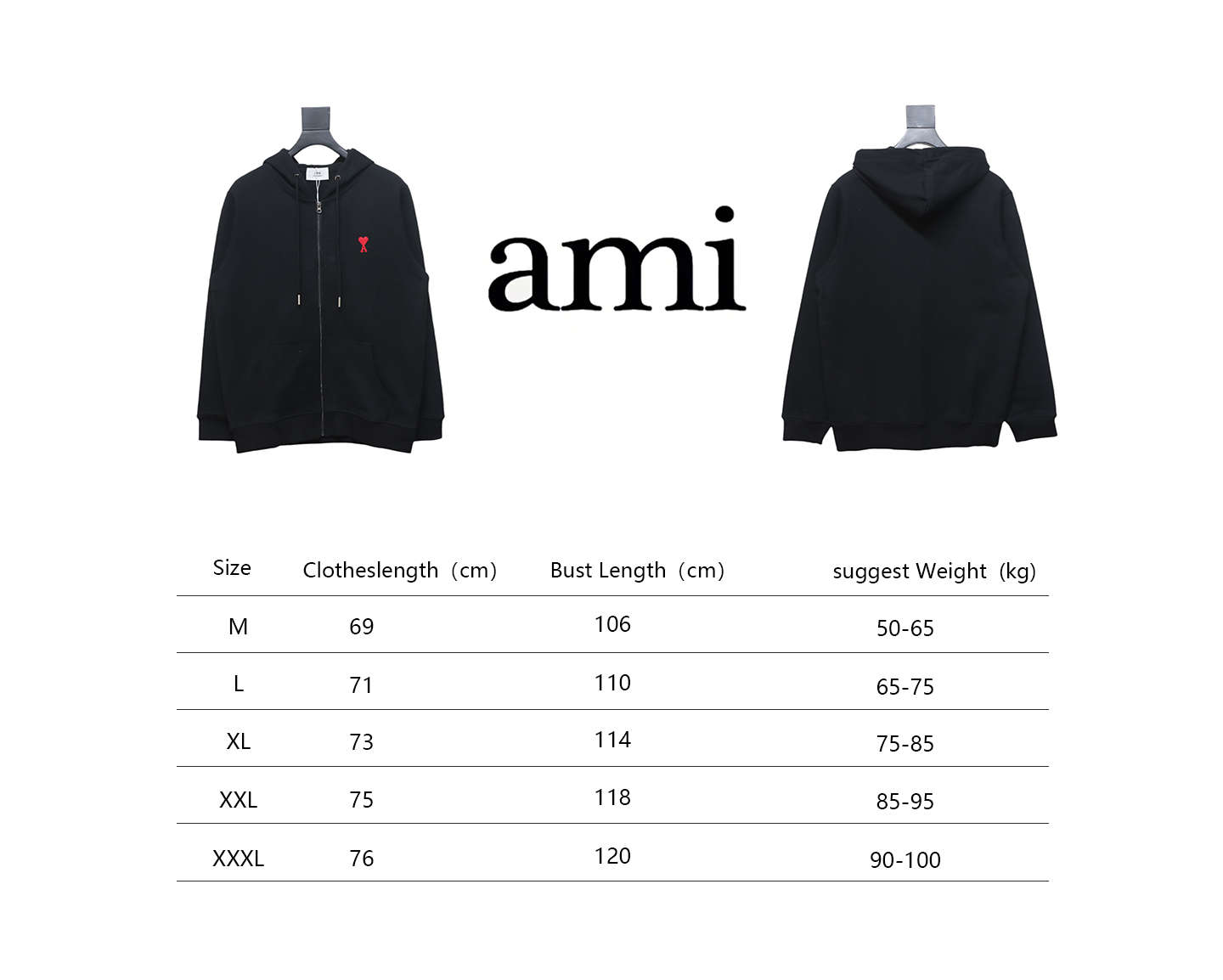 AMI Paris Ami de Coeur Cotton Zip Hoodie Black