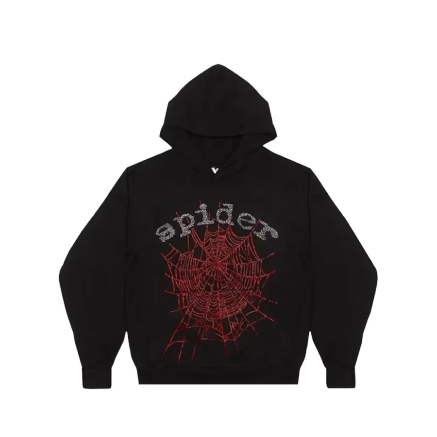 Sp5der OG Rhinestone Logo Hoodie Black White