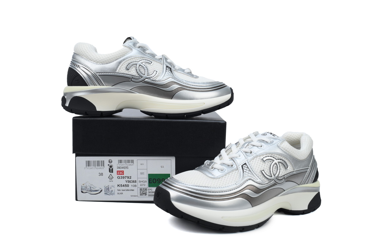 Chanel Fabric Laminated Low Top Sneakers Silver Black