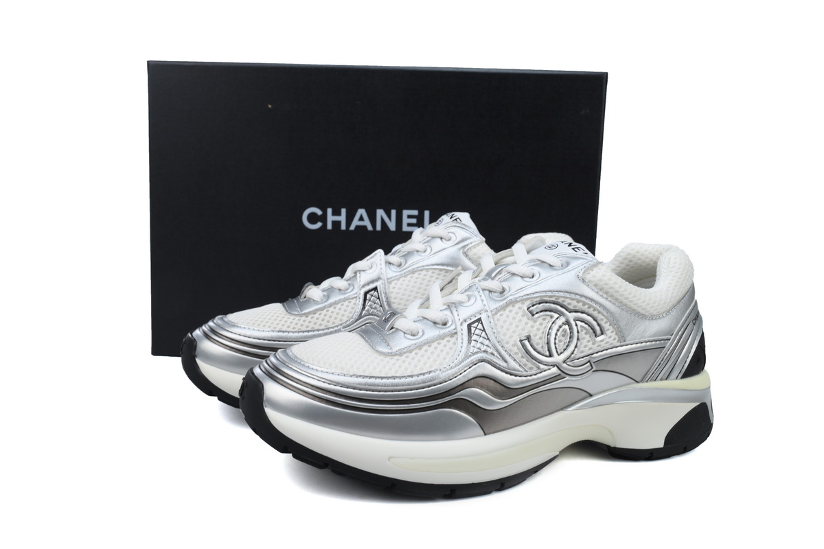 Chanel Fabric Laminated Low Top Sneakers Silver Black