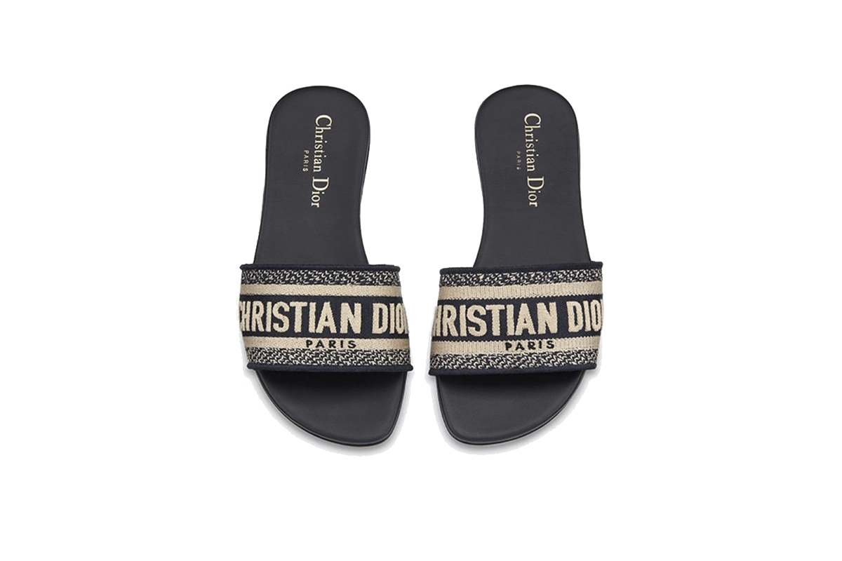 Dior Dway Blue Oblique Beige Cotton Sandal Flat