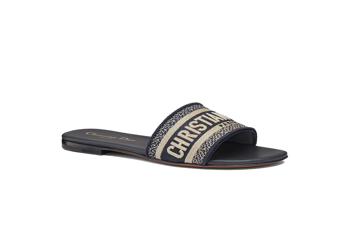 Dior Dway Blue Oblique Beige Cotton Sandal Flat