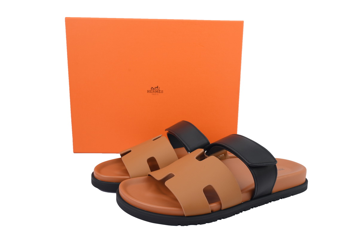 Hermes Calfskin Chypre Sandals Khaki Black